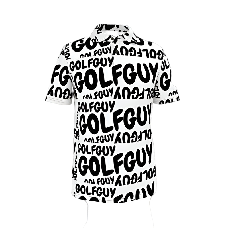 White shirt with black 'GOLFGUY' text pattern on a black background