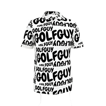 White shirt with black 'GOLFGUY' text pattern on a black background