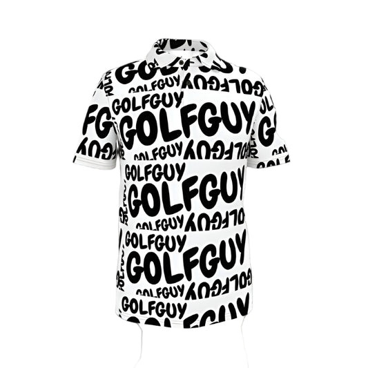 White shirt with black 'GOLFGUY' text pattern on a black background