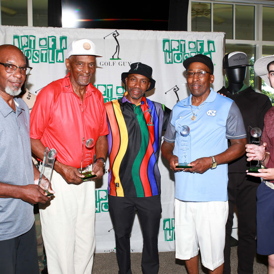 River Flows Polo rainbow stripe worn on the course — Beat the Golf Guy tournament group photo