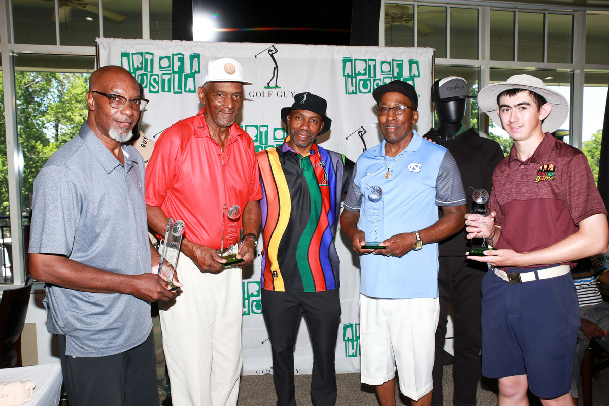 River Flows Polo rainbow stripe worn on the course — Beat the Golf Guy tournament group photo