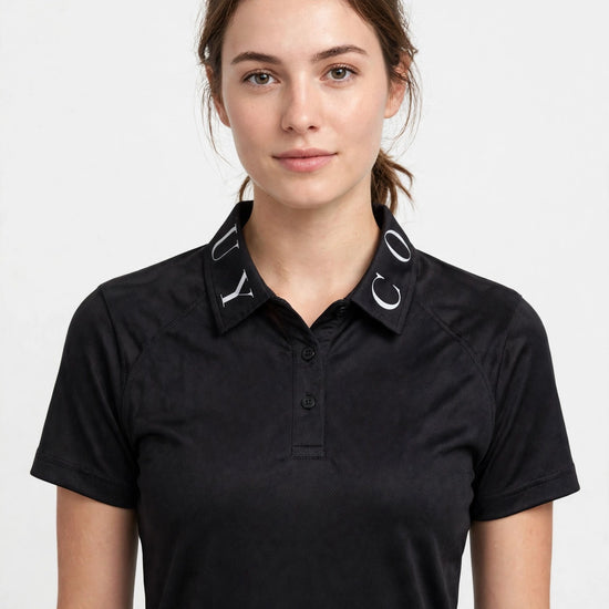 Golf Guy Women's Polo - Black/White Collar, on model