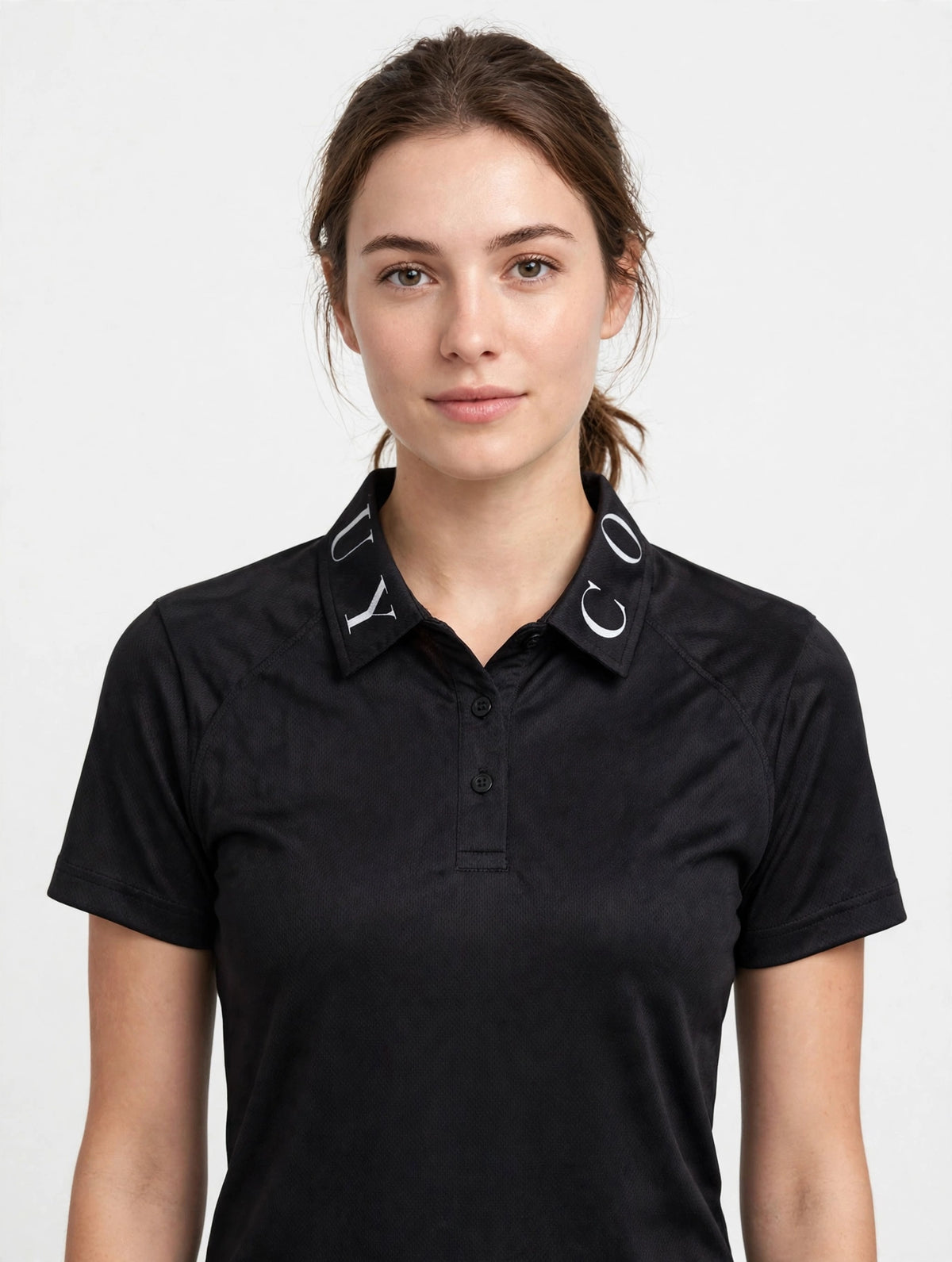Golf Guy Women's Polo - Black/White Collar, on model