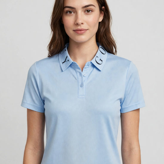 Golf Guy Women's Polo - Carolina Blue, on model