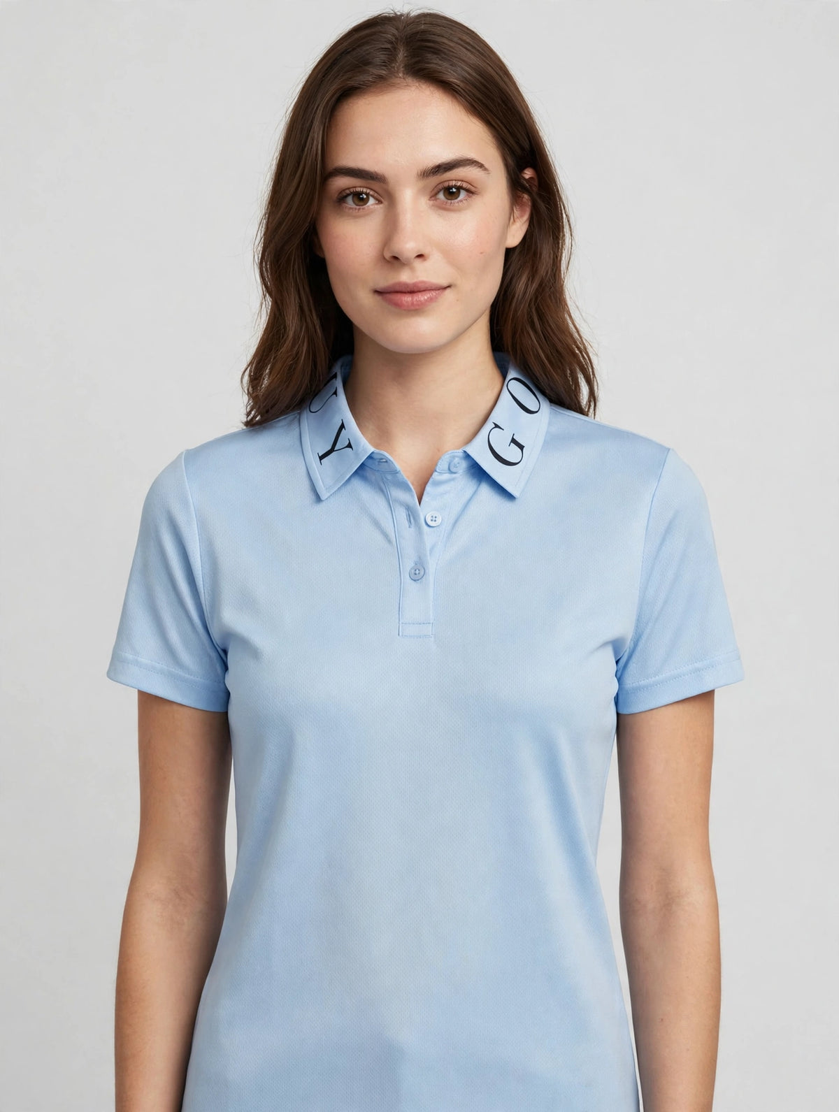 Golf Guy Women's Polo - Carolina Blue, on model