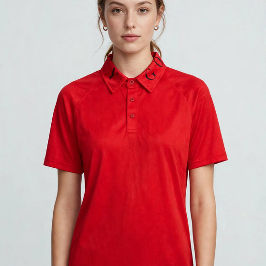 Golf Guy Women's Polo - Red/Black Letters, on model