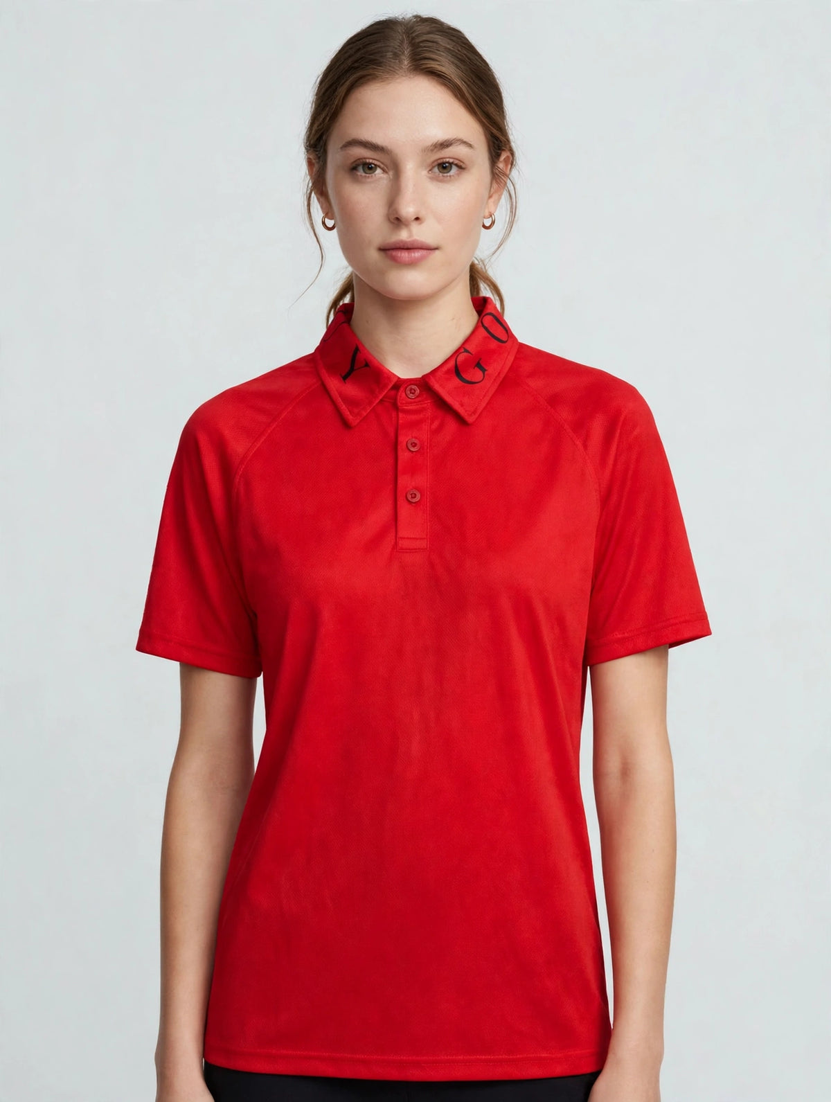 Golf Guy Women's Polo - Red/Black Letters, on model