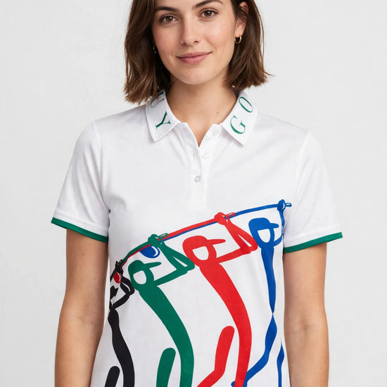 Golf Guy Women's Polo - White/Green Letters, on model