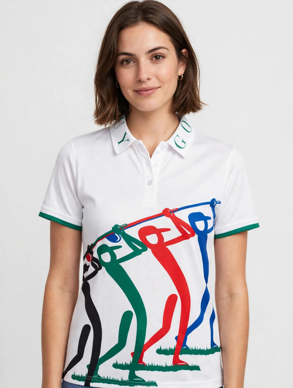 Golf Guy Women's Polo - White/Green Letters, on model